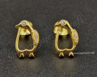 Pendientes de pingüino con moissanita, chapados en oro amarillo de 14 k, plata de ley. Joyería para mujer, pendientes para amantes de las mascotas, diseño minimalista de pingüino.