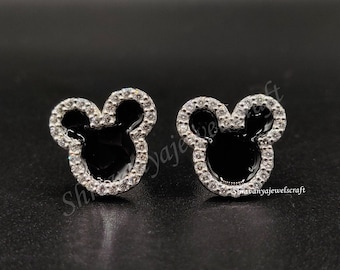 14k White Gold Plating Moissanite Mickey Style Stud Earrings, Screw Back Cute Crystal Earrings Dainty Cartoon Shape Gift for Her