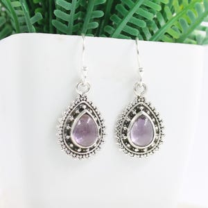 Amethyst Silver Earring, Solid 925 Sterling Silver, Amethyst Dangly Earring, Ear Wire Silver Earring, Minimalist Gemstone Earring For Gift