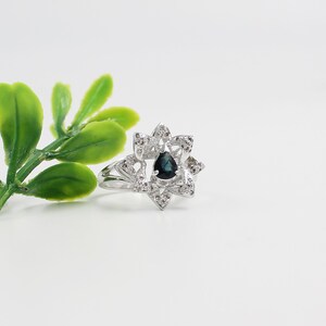 Natural Blue Sapphire Diamond Silver Ring, Solid 925 Silver Ring, Statement Ring, Prong Setting Ring, Flower Diamond Ring, Ring Gift for Her