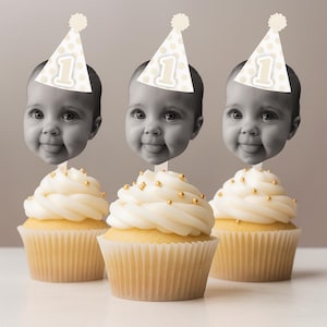 Custom Face Cupcake Toppers with Party Hats, 1st Birthday Milestone Decorations Personalised Baby Photo Cupcake Picks First Birthday Decor