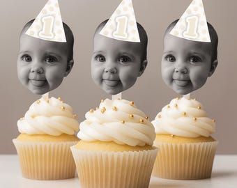 Custom Face Cupcake Toppers with Party Hats, 1st Birthday Milestone Decorations Personalised Baby Photo Cupcake Picks First Birthday Decor