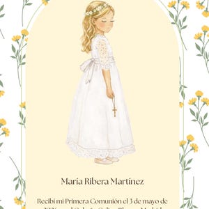 Tarjeta Recordatorio Primera Comunión Editable Personalizable en Canva Niña "ELENA" / First Communion Keepsake Card Template for Girl