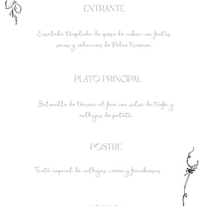 Puede incluir: Diseño de menú elegante con escritura a mano. El texto dice "el menu" en la parte superior, seguido de Entrante, Plato Principal, Postre y Bodega. Elementos florales decorativos enmarcan el texto, creando una estética sofisticada.