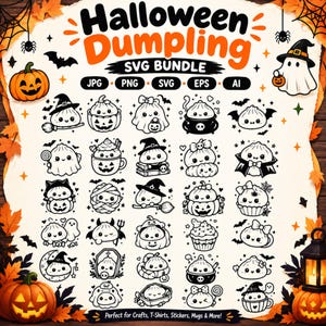 May include: A digital Halloween Dumpling SVG bundle featuring a collection of black and white line art illustrations of cute dumplings in various costumes, including ghosts, witches, and pumpkins, with the text Halloween Dumpling SVG BUNDLE.