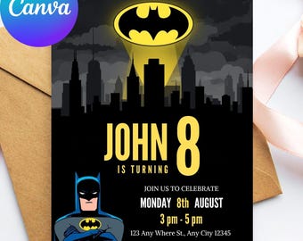 Editable Bat Superhero Birthday Invitation, Printable (Digital)