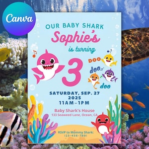 Verjaardagsuitnodiging haai: bewerkbaar Under the Sea-feest (digitale download)