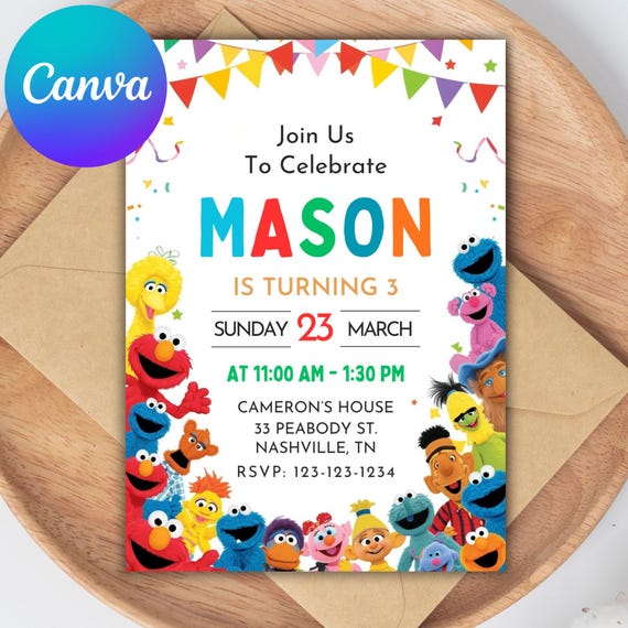 Sesame Street Birthday Invitation: Editable Elmo Party Evite (5x7" Canva Template Digital Download)