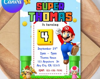 Zaproszenie urodzinowe Mario Bros.: edytowalny szablon Canva (pobranie cyfrowe)