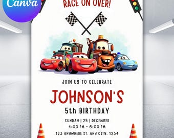 Cars Birthday Invitation, Lightning McQueen, Editable Canva (Digital Download)