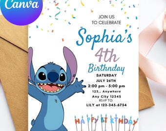 Stitch Birthday Invitation Template, Kids Party Invite (Digital)