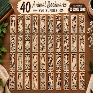 Peut inclure: Un ensemble numérique de 40 modèles de marque-pages sur le thème des animaux, présentant des illustrations détaillées de créatures variées comme des loups, des hiboux et des éléphants. Le texte 40 Animal Bookmarks SVG BUNDLE est visible en haut.