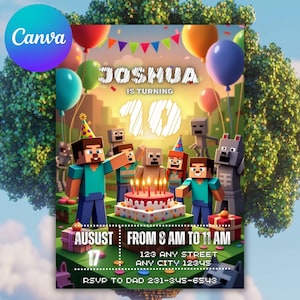 Könnte beinhalten: Eine Geburtstagseinladung mit Minecraft-Motiv. Die Einladung zeigt den Namen "Joshua" und die Zahl "10". Bunte Luftballons, Minecraft-Charaktere und eine Geburtstagstorte sind abgebildet. Das Datum ist der 17. August.