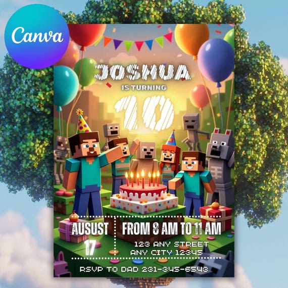 Minecraft Birthday Invitation Template, Gamer Party Card, Editable Canva, Pixel Block Game Theme, Printable Kids Invite, Instant Download