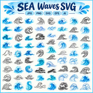 Puede incluir: Una colección digital de ilustraciones de olas marinas con varios diseños en estilos de acuarela azul y arte lineal en tinta negra. El conjunto gráfico incluye el texto SEA Waves SVG en la parte superior, con etiquetas para formatos JPG, PNG, SVG, EPS y AI.