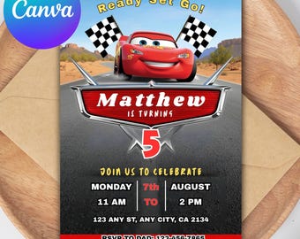 Lightning McQueen Birthday Invitation, Editable Canva Template