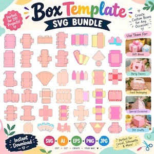 Può includere: Una collezione digitale di modelli di scatole in formato SVG, AI, EPS, PNG e JPG. L'immagine mostra numerosi modelli di scatole piatte rosa e gialle, con il testo Box Template SVG BUNDLE, Instant Download e Use Them For: Gift Boxes, Party Favors, Food Packaging, Special Occasions e DIY Crafts.