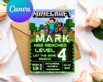 Gaming Birthday Invitation, Pixel Block, Mine, Canva Template (Digital Download)