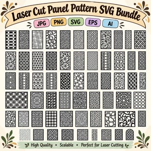 Puede incluir: Una colección digital titulada Laser Cut Panel Pattern SVG Bundle que presenta numerosos paneles rectangulares en blanco y negro con diversos diseños geométricos, florales y de celosía. Incluye formatos JPG, PNG, SVG, EPS y AI.