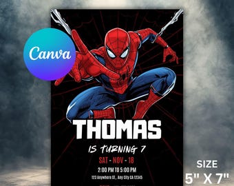 Spider Man Invitation, Spider-man Boys Birthday Party Digital Invitation, Kids Birthday Card, Digital Download, Editable Template Canva