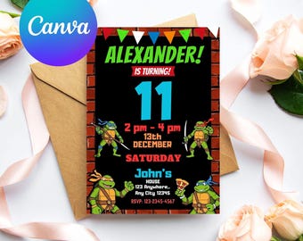 Faire-part d'anniversaire Tortues Ninja – Modèle éditable sur toile Pizza Party (numérique)