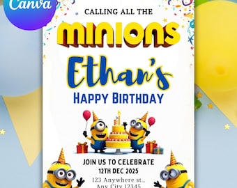 Redigerbar Minions födelsedagsinbjudan, Canva-mall (digital nedladdning)