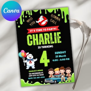 Może przedstawiać: Czarno-zielone zaproszenie na urodziny z napisem "It's Time to Party!" i "Charlie kończy 4 lata". Zawiera postać z kreskówki Stay Puft Marshmallow Man i postacie z Ghostbusters. Zawiera szczegóły imprezy.