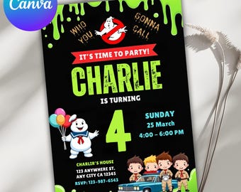 以下が含まれることがあります： 「It's Time to Party!」と「Charlie is Turning 4」のテキストが入った、黒と緑の誕生日パーティーの招待状。漫画のステイパフトマシュマロマンとゴーストバスターズのキャラクターが特徴です。パーティーの詳細が含まれています。
