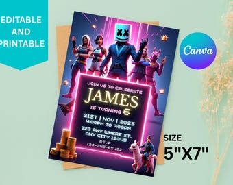 Fort Game Birthday Invitation: Gamer Party, Editable Canva Template, Battle Royale Theme invite