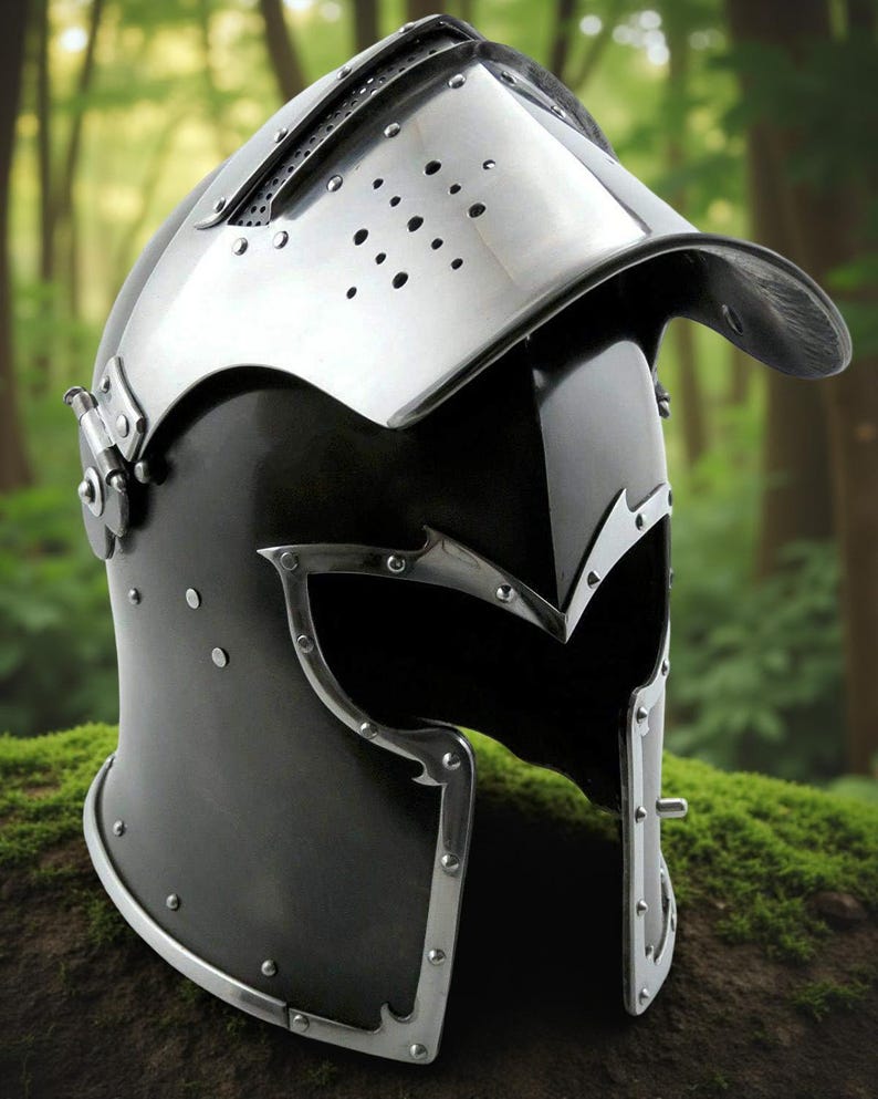 Barbuta en forma de T, siglo XV, casco medieval para espectáculo de