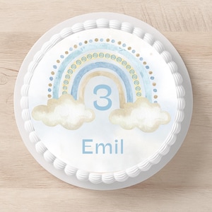 Rainbow cake topper personalized – edible cake image light blue beige name children&#39;s birthday boy cake topper