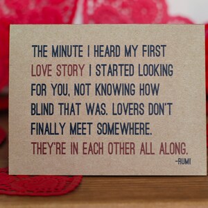 Lovers Card Rumi Quote I Love You Romantic Valentine Card and Envelope image 1