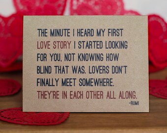 Lovers Card - Rumi Quote I Love You Romantic Valentine Card and Envelope