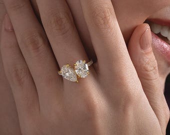 Toi et Moi Ring, Pear Oval Ring, 14K Gold Bypass Ring, Moissanite Diamond Engagement Ring, Two Stone Promise Ring, Anniversary Gift For Her