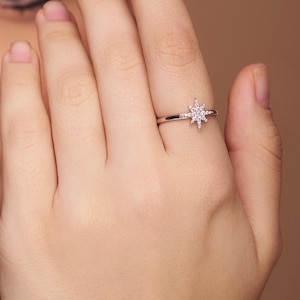 Dainty Gold North Star Ring, CZ Diamond Cluster Celestial Ring, Starburst Ring for Her, Minimalist Gold Ring, Cosmic Jewelry Gift for Women