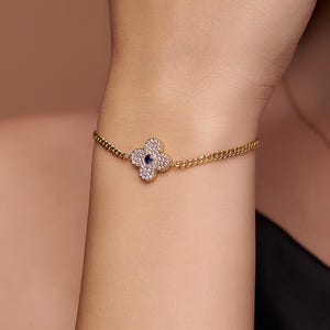Gold Vermeil Clover Bracelet, CZ Diamond Flower Charm Bracelet, Dainty Chain Bracelet, Adjustable Lucky Jewelry Gift for Her, Unique Jewelry