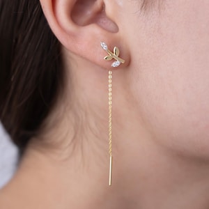 18K Gold Vermeil Dangle Diamond Chain Threader Chime Earring, Leaf Threader Wire Earrings, Unique Bridal Earrings, Wedding Anniversary Gifts