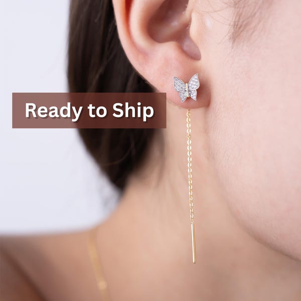 Butterfly Threader Earrings, Gold Vermeil Drop Chain, Moissanite Handmade Delicate Jewelry