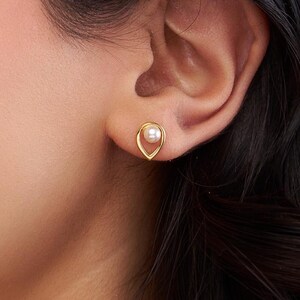 Pearl Stud Earrings, Open Tear Drop Shaped Stud Earrings, Tiny Wedding Earrings, Bridal Earrings, Engagement Earrings, Delicate Gift for Mom