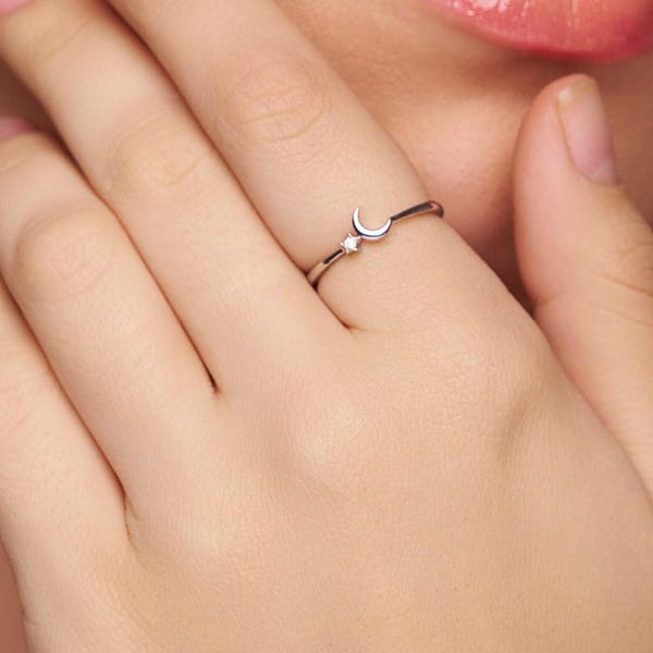 Mini Moon And Star Ring, 14K Solid Gold Crescent Star Ring, Minimalist Dainty Moon Ring, Stackable Bands, Moissanite Diamond Ring For Women