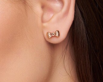 Dainty Gold Bow Tie Stud Earrings, Tiny Gold Bow Knot Wedding Earrings, 14K Solid Gold Earrings, Minimalist Everyday Earrings For Women