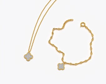 Yellow Gold Vermeil Clover Jewelry Set, Moissanite Dainty Necklace & Bracelet
