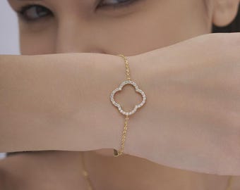 18K Gold Vermeil Clover Bracelet, Moissanite Quatrefoil Outline Chain, Minimalist Everyday Jewelry