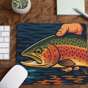 Fly Fisherman Mouse Pad, Trout Fishing Desk Mat, Office Gift for Angler, Fishing Lover Mousepad, Rainbow Trout Design, Rectangle Mousepad