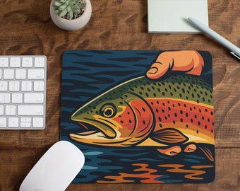 Fly Fisherman Mouse Pad, Trout Fishing Desk Mat, Office Gift for Angler, Fishing Lover Mousepad, Rainbow Trout Design, Rectangle Mousepad