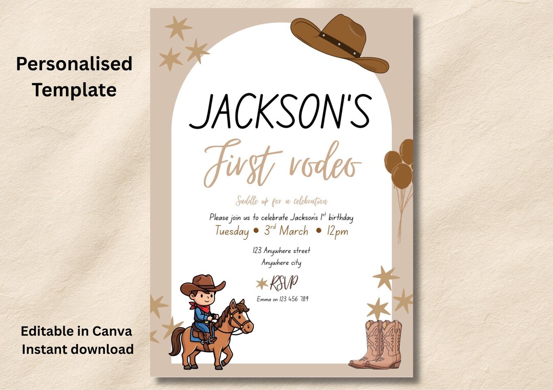 First Rodeo Birthday Invitation Template | Editable Cowboy 1st Birthday ...