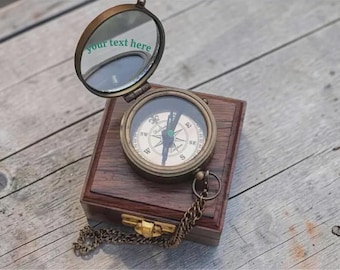 Boussole personnalisée en laiton avec boîte en bois gravée boussole cadeau vintage boussole de poche décoration nautique texte personnalisé cadeau boussole pour lui