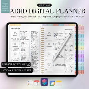 Pode incluir: Planejador digital ADHD para iPad e Android, com mais de 140 páginas com hiperlinks. O planejador sem data inclui seções de rotina diária para manhã, tarde, noite e noite. O planejador tem abas coloridas e uma caneta.