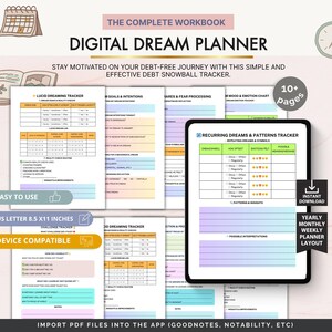 Op de afbeelding: Digitale droomplanner met trackers voor lucide dromen, doelen en terugkerende dromen. Ontworpen voor gebruik op een tablet, compatibel met apps zoals GoodNotes en Notability. Bevat een jaarlijkse, maandelijkse en wekelijkse plannerindeling.