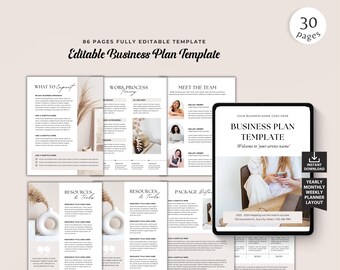 May include: An editable business plan template with 86 pages, displayed on a tablet and printed pages. The tablet shows the title "Business Plan Template" and the text "Welcome to your service name". The image also includes the text "Instant Download".